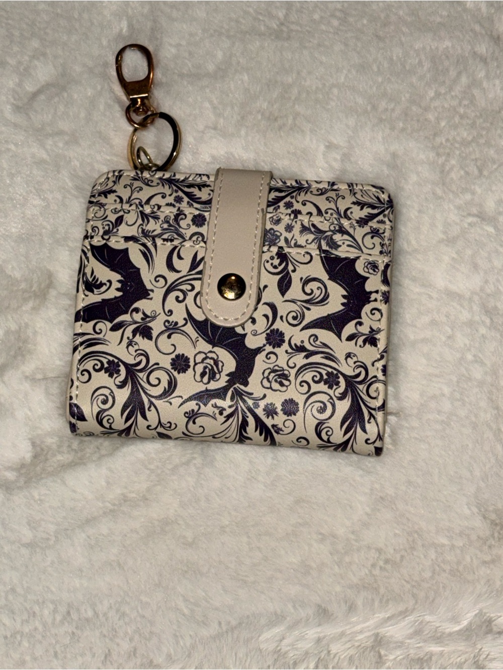 Stylish Floral and Bat Print Compact Wallet in Cream and Black